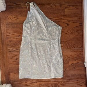 PrettyLittleThing Silver One-Shoulder Sequin Mini Dress
